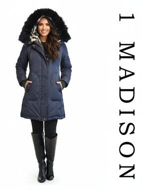 1 Madison Down Parka Navy XS Long Winter Coat Faux Fur Hood Puffer As-Is